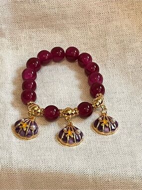Gold Accent Deep Red Beaded Charm Bracelet